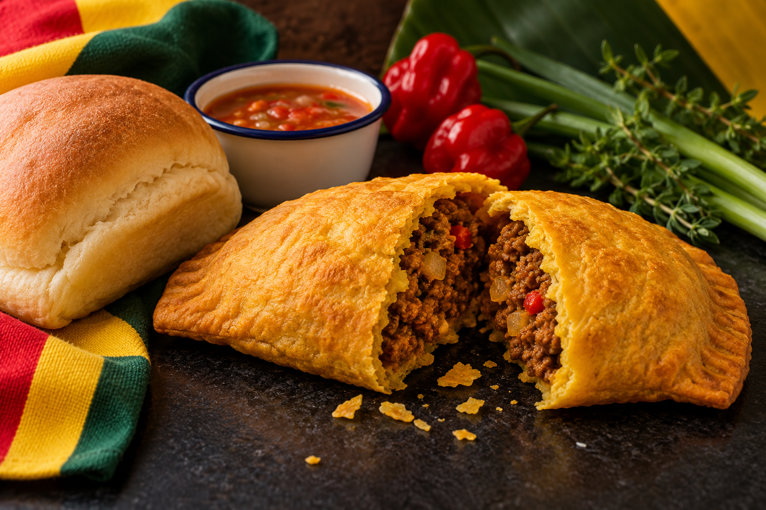 Illustrative Jamaican patty and coco bread still life; not a photograph of M&P food.